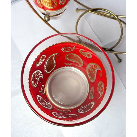 Stunning Vintage MCM Culver Red Paisley Ferris Wheel Bar Glasses & Ice Bucket - Picture 8 of 10